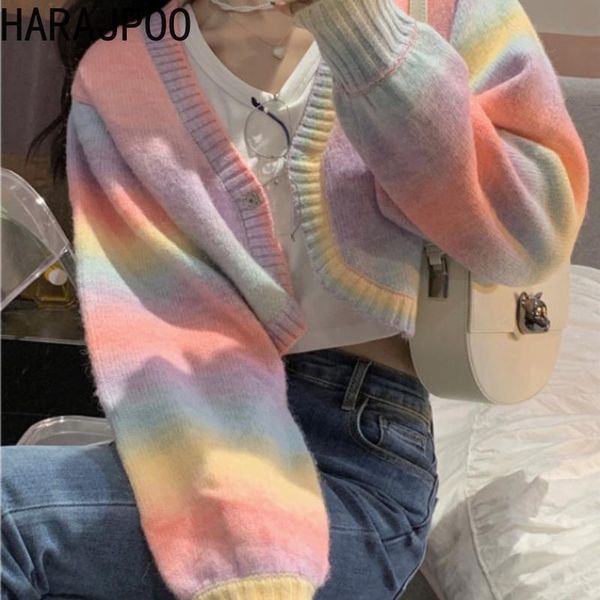 

women's knits & tees harajpoo clothing women knit v neck coat sweet rainbow color high waist cropped harajuku ins korean streetwear cas, White