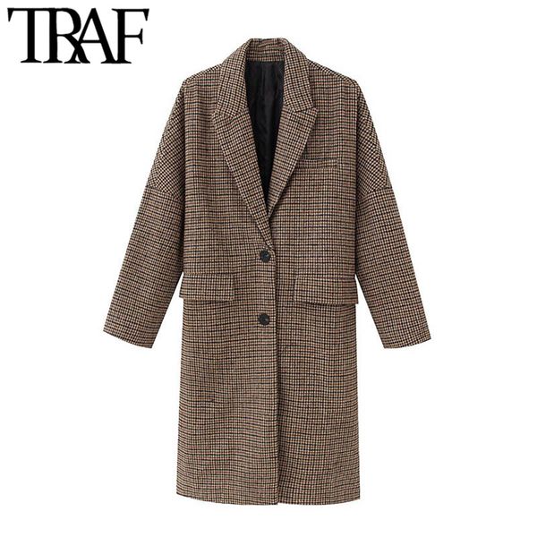 

traf women fashion houndstooth loose woolen coat vintage long sleeve pockets back vents female outerwear chic 210415, Black