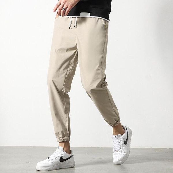 

men's pants mens casual solid color elastic waist pockets harem streetwear drawstring ankle length long trousers, Black