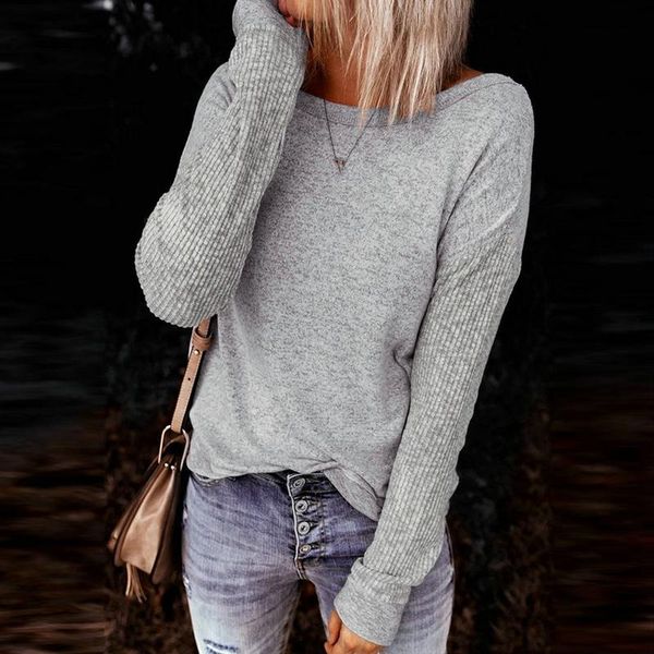 

women's fashion round neck twisted hollow long sleeve gray t-shirt, White