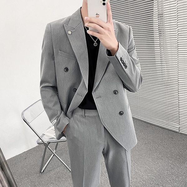 

men's suits & blazers 2021 british style solid color men double breasted casual suit jacket wedding business social dress coat street c, White;black