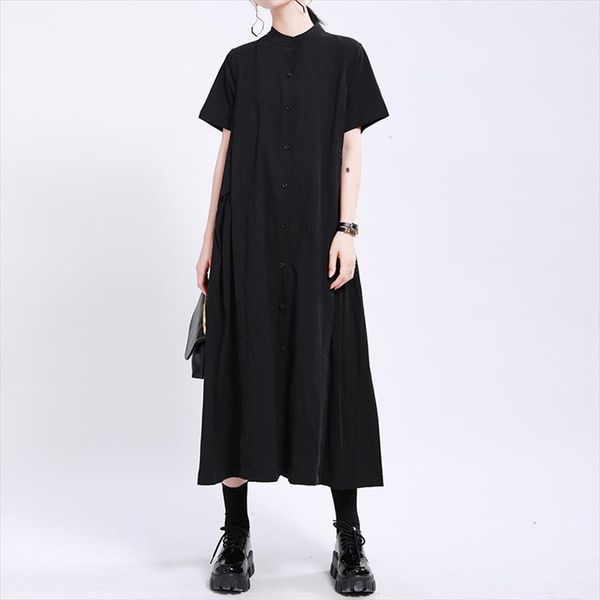 

[eam] Army Green Pleated Women Dresses Long Stand Collar Short Sleeve Loose Fit Fashion Tide Spring Summer 1w19, Black;gray