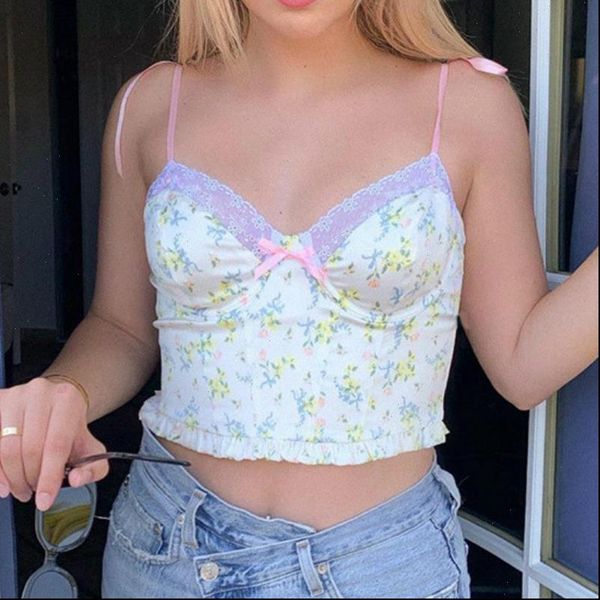 

summer camisoles sling straps printing womens tanks flower lace vest ruched slim backless casual crop beach streetwear, White