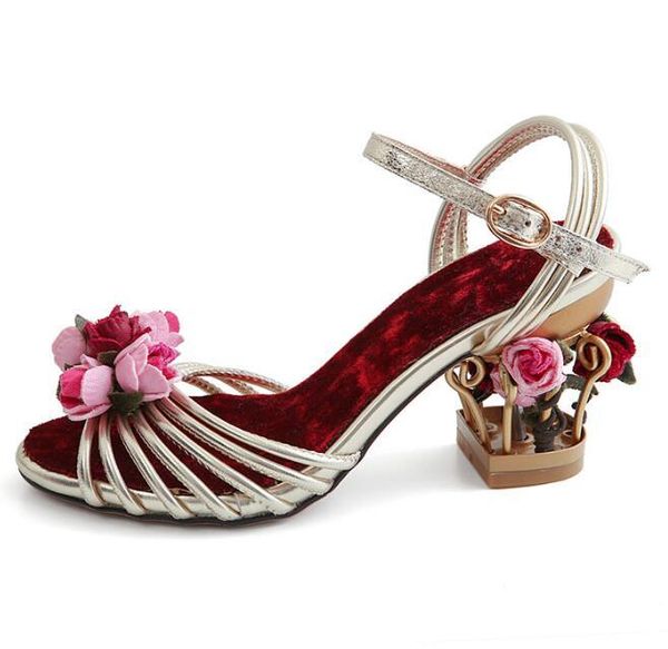

moraima snc gold leather high heel sandal rose flower decorations caged style woman shoes peep toe ankle strap dress heels sandals, Black