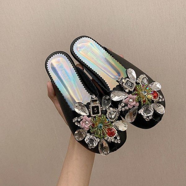 

sandals beach shoes women's rhinestone flower summer slippers comfortable and breathable slides, Black