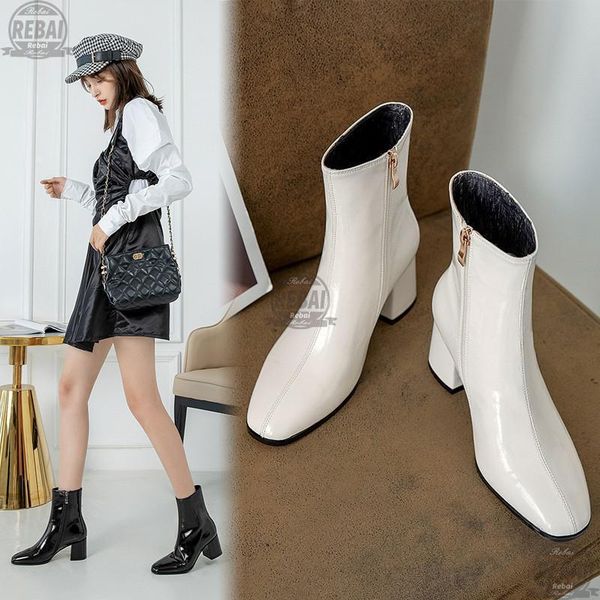 

boots autumn women fashion square high heels zapatos de mujer white patent leather shoes ankle black woman zipper platform