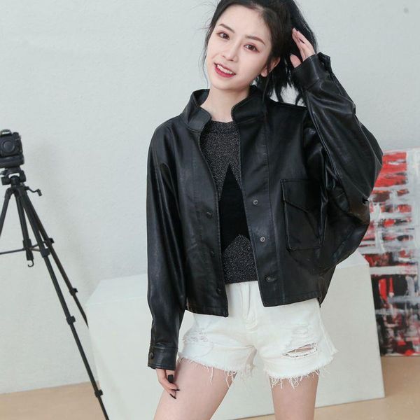 

women's leather & faux office lady slim women jacket fashion solid overcoat rivet motorcycle pu, Black