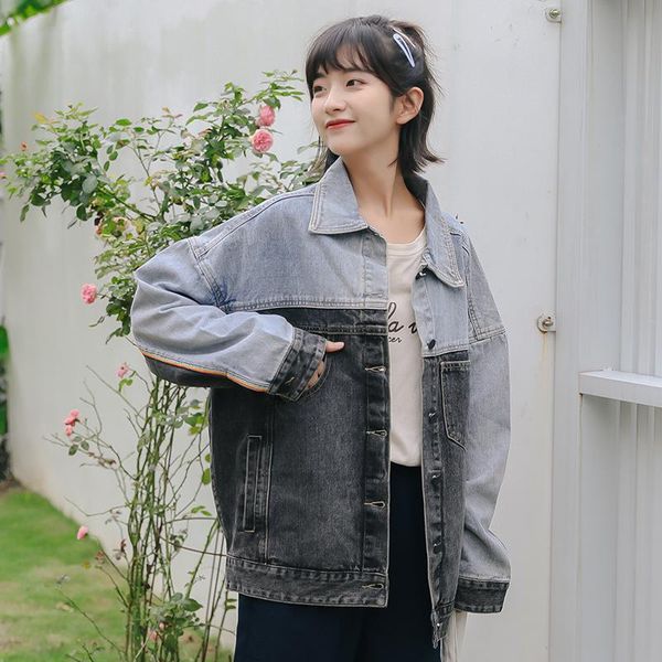 

denim patchwork oversize zipper jackets and coats women plus size spring a422 women's, Black;brown