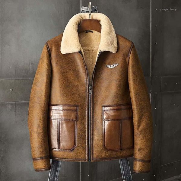 

men's leather & faux mens shearling coat g1 bomber jacket brown short fur natural sheepskin motorcycle, Black