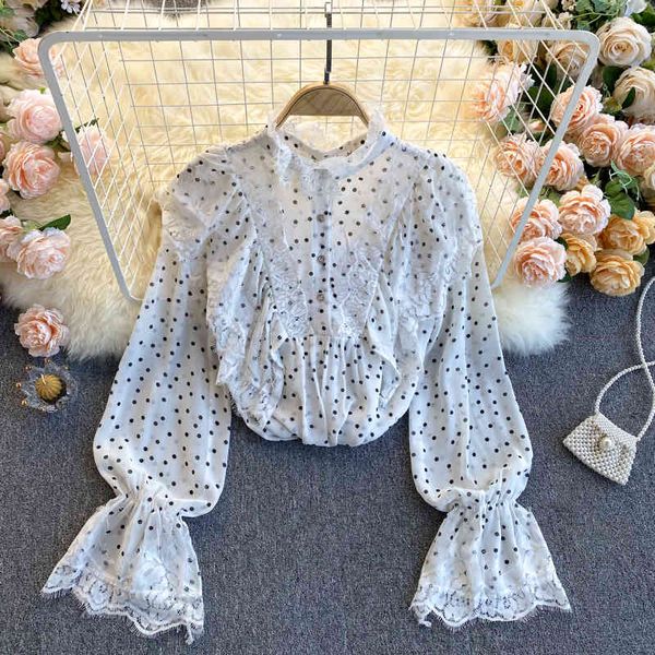 

blouses women vintage lace patchwork blouse spring o neck flare sleeve loose korean chiffon polka dot blouses style, White