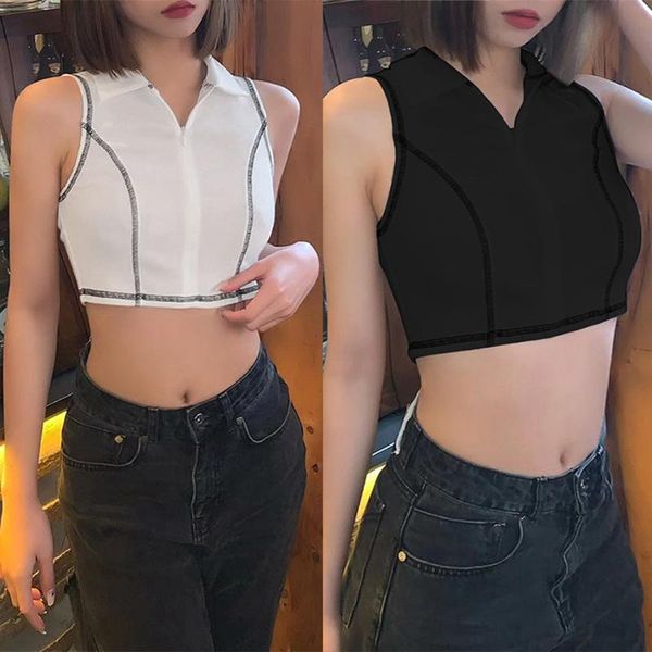 

women's sleeveless crop , lapel zip front color block rib knit tank t-shirt, White
