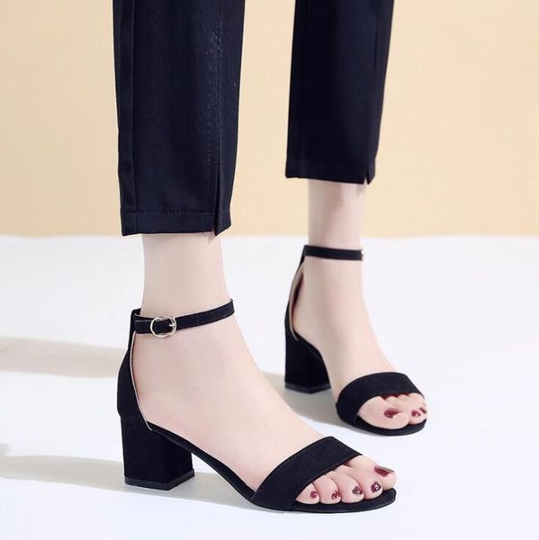 

summer women high-heeled sandals thick with black thin belt open toe word buckle wild female party dress shoes