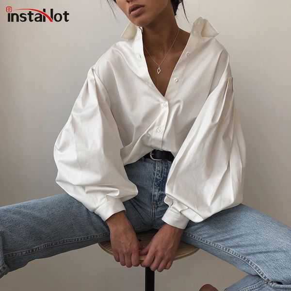 

instalantern sleeve elegant shirt white black button vintage blouse turn down collar office ladies shirt female casual
