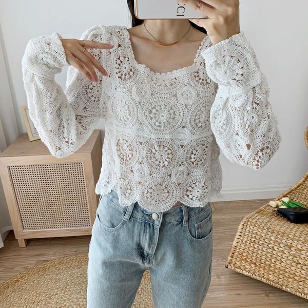 

blusas mujer de moda ladies shirts lace square collar long sleeve patchwork spring fall blouse womens and blouses women's &, White