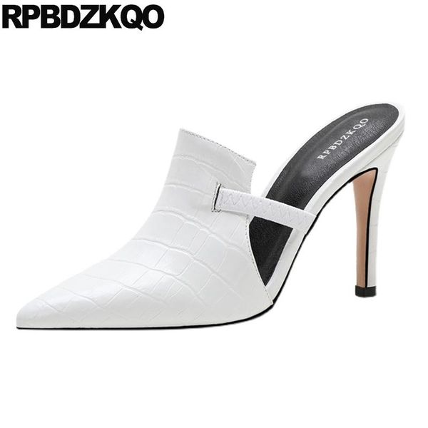 

dress shoes high heels stiletto slides sandals white snake genuine leather luxury women designer slippers large size pumps mules 2021, Black