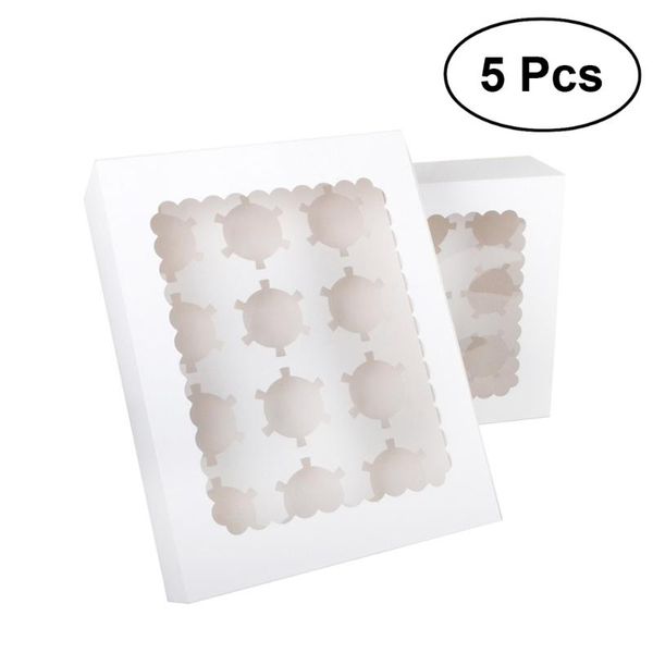 

gift wrap 5pcs 12 cavity portable cardboard cupcake boxes and packaging cup cake box with window container muffin insert (white)
