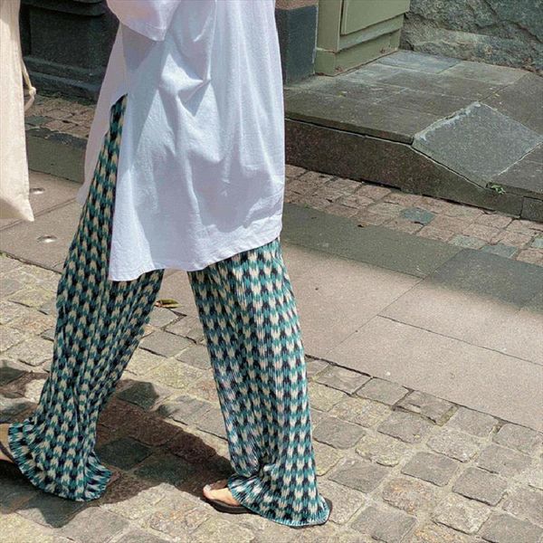 

y2k retro tie dyed women capri plaid wide leg summer loose straight casual thin high waist pleated long streetwear, Black;white