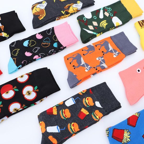 

harajuku hiphop surprise cartoon men socks funny animal fruits print happy combed cotton colorful fashion sock men's, Black