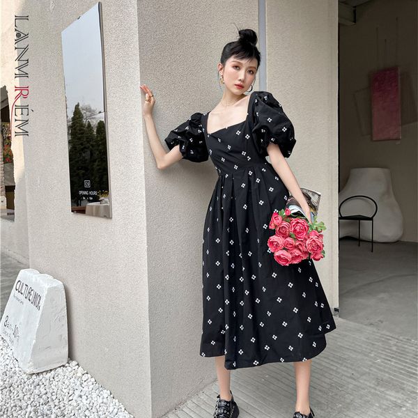 

women's flower embroidery long dress square collar lantern sleeves loose fit fashion trend spring autumn 2e1238 210507, Black;gray