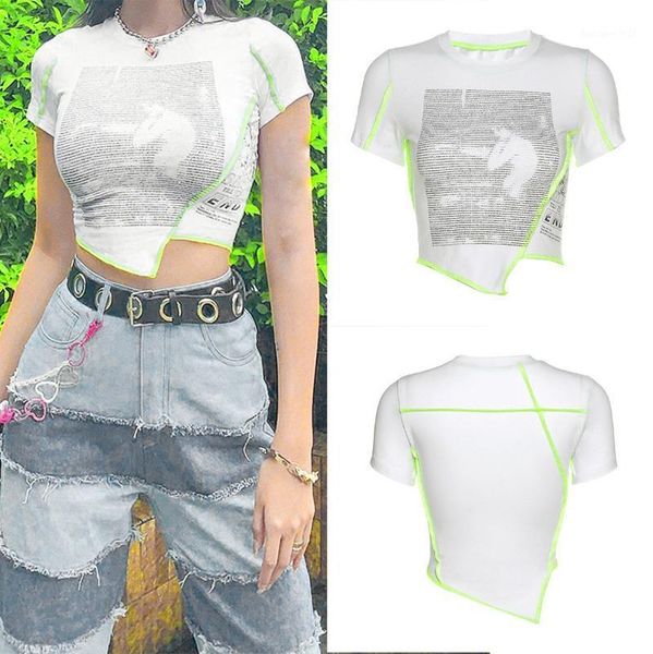 

women's t-shirt kf-ladies fashion print irregular all-match white