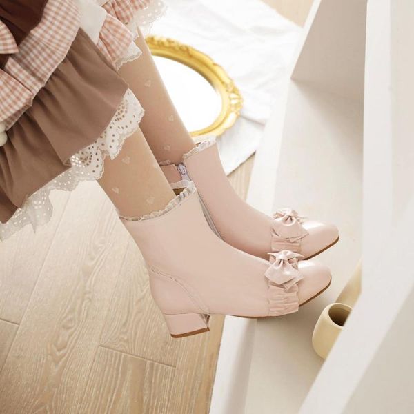 

boots girls sweet lolita cute bowknot lace ruffles princess bride wedding white pink zipper women uniform party dress ankle boot, Black