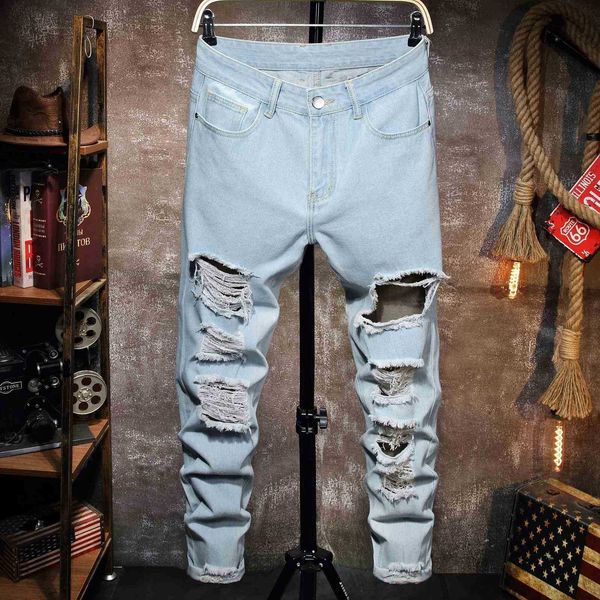 

men's jeans jeans european american vintage light blue men skinny biker destroyed ripped hole stylish casual slim fit denim 633e