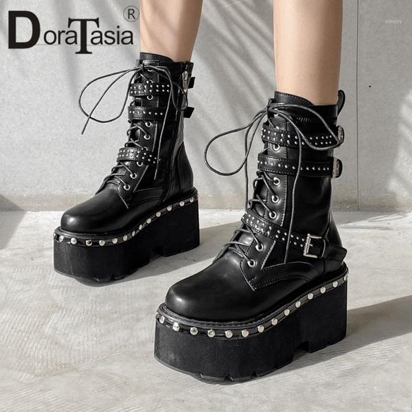 

boots doratasia brand female platform ankle fashion buckle rivet punk street women chunky high heels zip shoes woman1, Black
