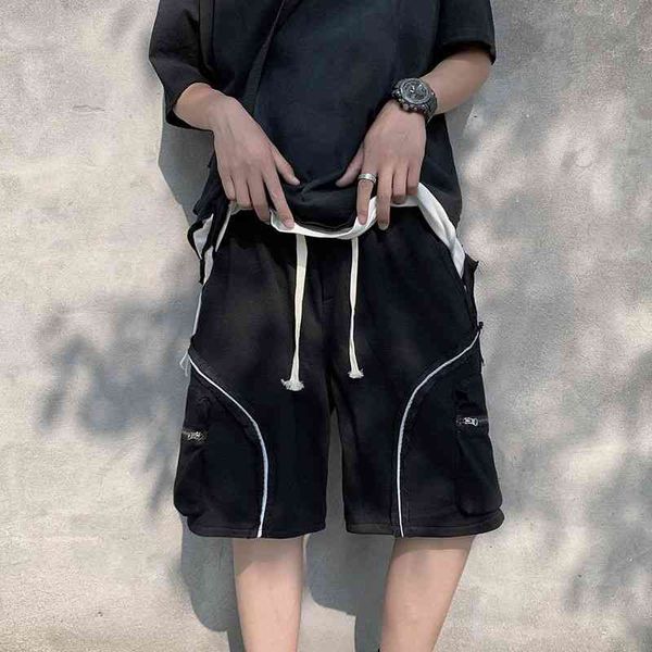 

shorts summer reflective men's fashion pocket casual shorts men streetwear loose hip-hop straight five-point pants mens m-2xl, White;black