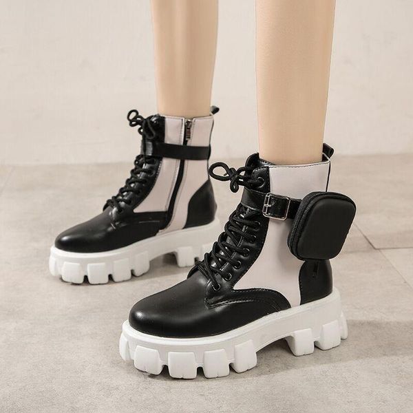 

boots 2021 autumn winter women's thick-soled leather casual fashion lace-up high botas mujer, Black