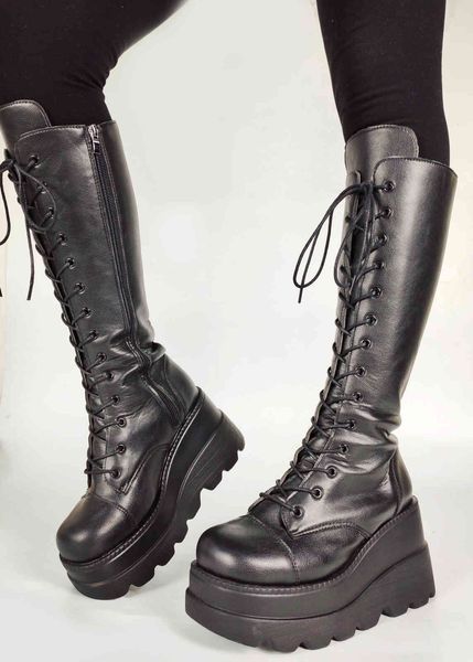 

boots female goth punk lolita black mid calf platform brand luxury lace up women boots thick bottom