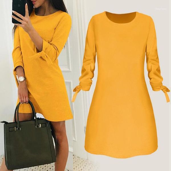 

women fashion o-neck solid bow elegant straigth dress spring loose mini dresses 3/4 sleeve comfortable plus size1, Black;gray