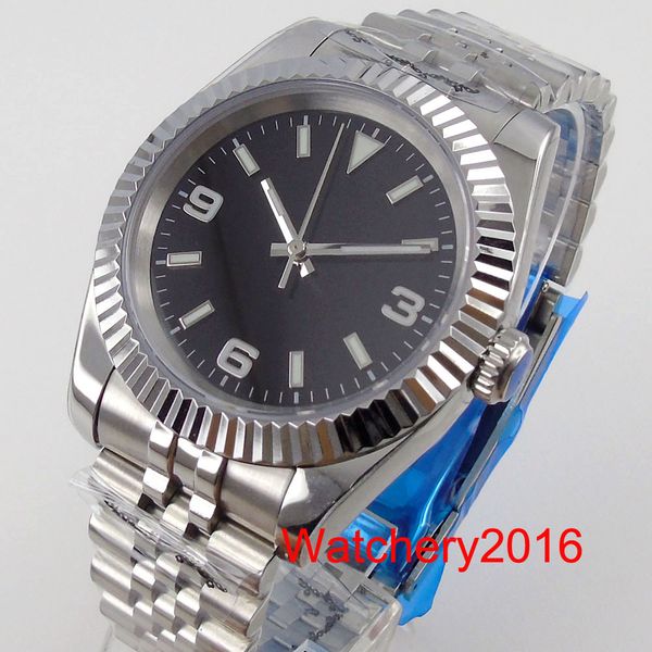 

fashion bliger sterile black scoreboard automatic men's watch nh35a movement ted numbers light-turning hand see glass back jubilee band, Slivery;brown