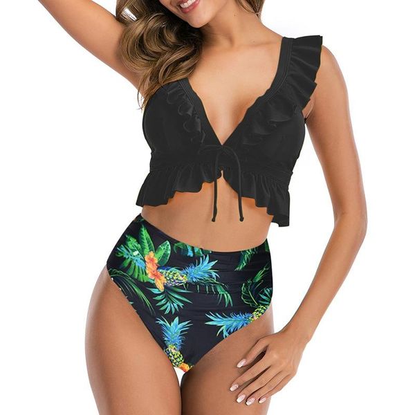 

women's swimwear 2021 floral ruffled hem bikini set women v-neck high-waisted two piece swimsuit girl beach bathing suit biquinis, White;black