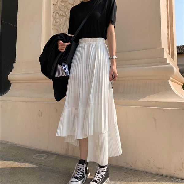 

skirts yghan 2021 summer irregular pleated ruffled chiffon skirt korean style high waist all-amtch white faldas, Black