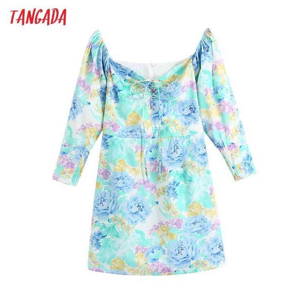 

tangada women chic fashion off shoulder floral print mini dress vintage puff sleeve back zipper female dresses mujer be907 210609, Black;gray
