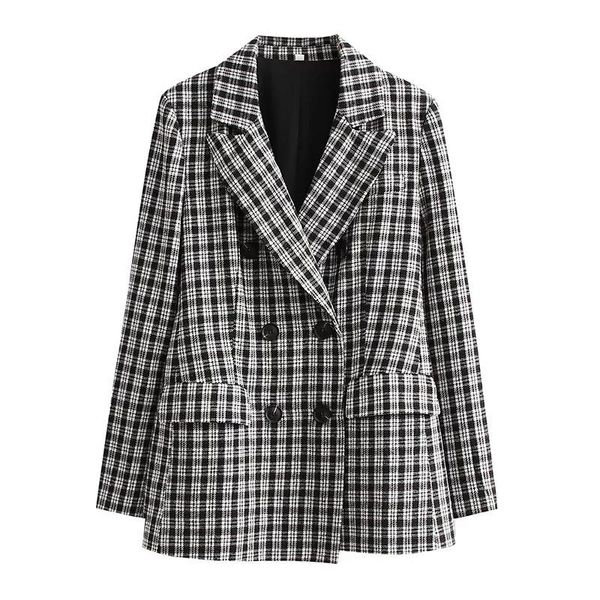 

women's jackets merodi chic lady fashion double breasted plaid print long womens spring autumn v-neck pockets slim balck outwear, Black;brown