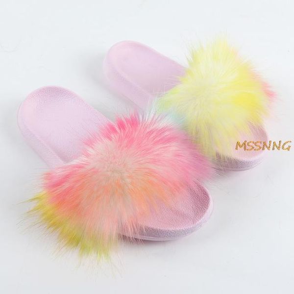 

summer fur slippers women real slides home furry flat shoes female multicolor fluffy casual peep toe big size, Black