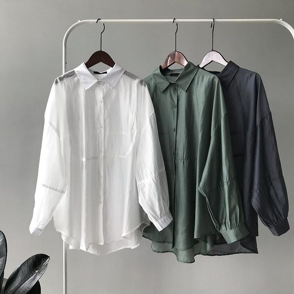 

women's blouses & shirts loose vintge design tencel cardigan women blouse 2021 summer korean style shirt long sleeve solid chic, White