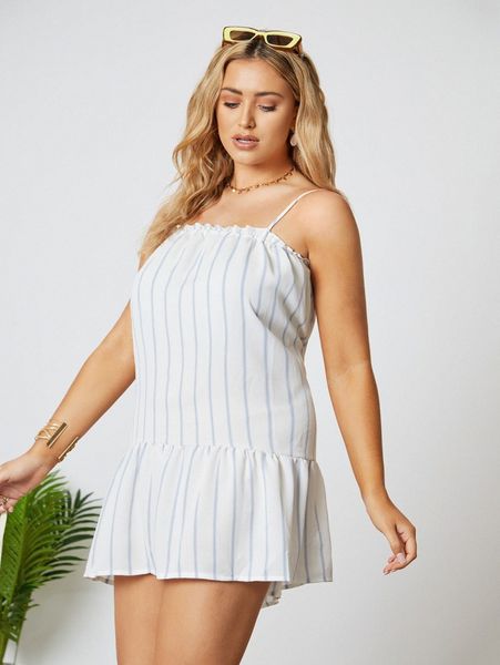 

plus striped ruffle hem cami dress 12du#, Black