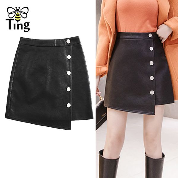 

spring fashion high street womens lady irregular button black pu leather skirt female plus size 2xl skirts casual wear 210513