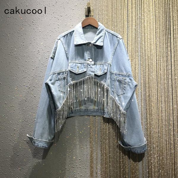 

women's jackets cakucool denim jacket diamonds tassels jeans korean loose beading punk short coat casual girls outerwear, Black;brown