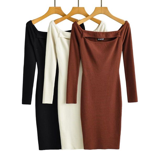 

casual dresses hollowed-out one-shoulder, long-sleeve, hip dress, Black;gray