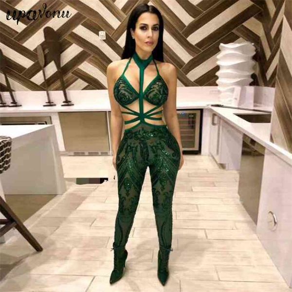 

women's mesh sequin bandage jumpsuit green sleeveless hollow open back club party 210524, Black;white