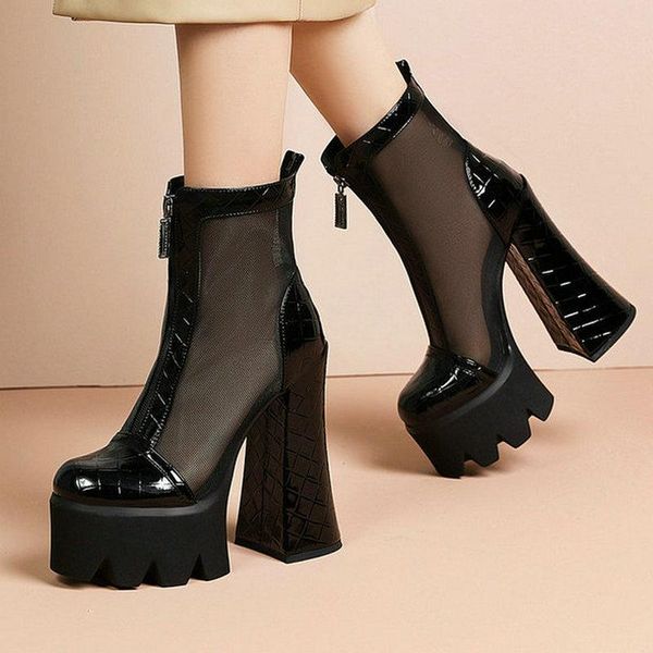 

summer shoes woman high heels mesh sandals boots women platform buckle round toes thick heel black gray