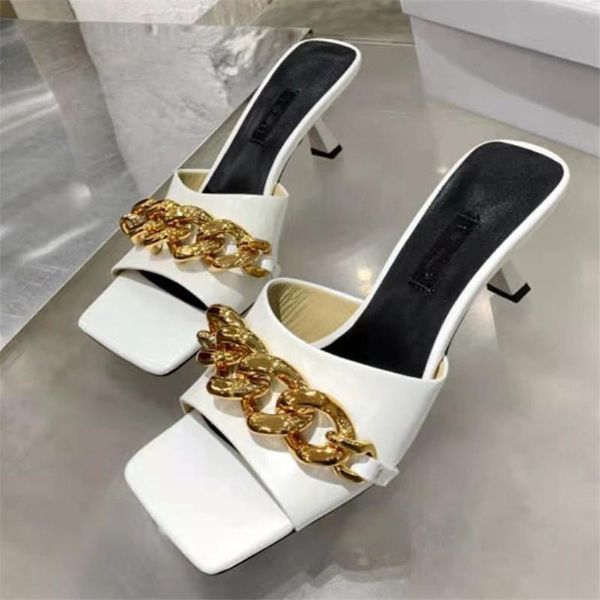 Мода моды роскоши дизайнерские женские сандалии модель модельный подиум металлическая цепь женских тапочек ручной работы на высоком каблуке женская обувь 5.5см платье