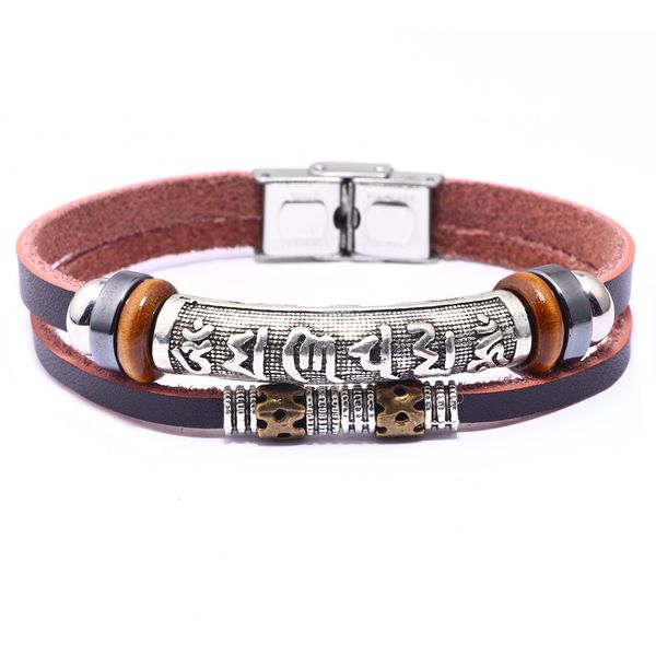 

qinuo new chinese style six character mantra men's bracelet jewelry personalized stainless steel buckle cowhide bracelet, Golden;silver