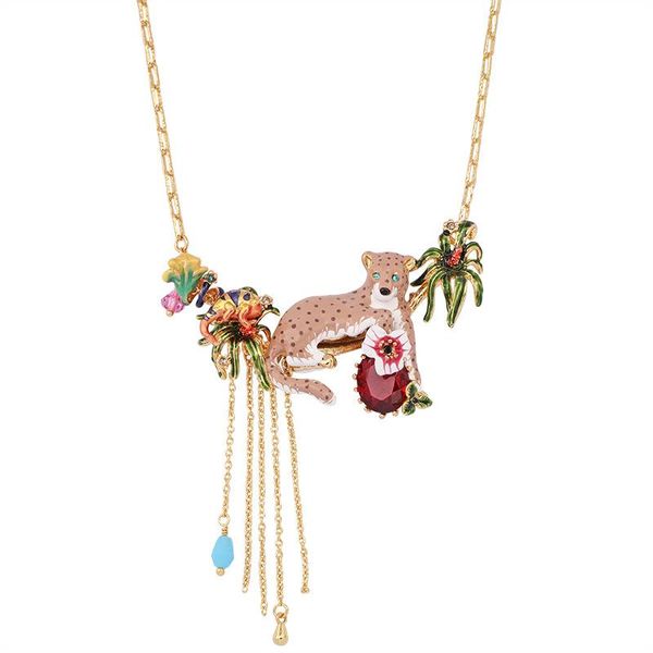 

pendant necklaces european and american enamel glaze fashion elegant clavicle chain leopard red gem tassel flower party necklace female, Silver