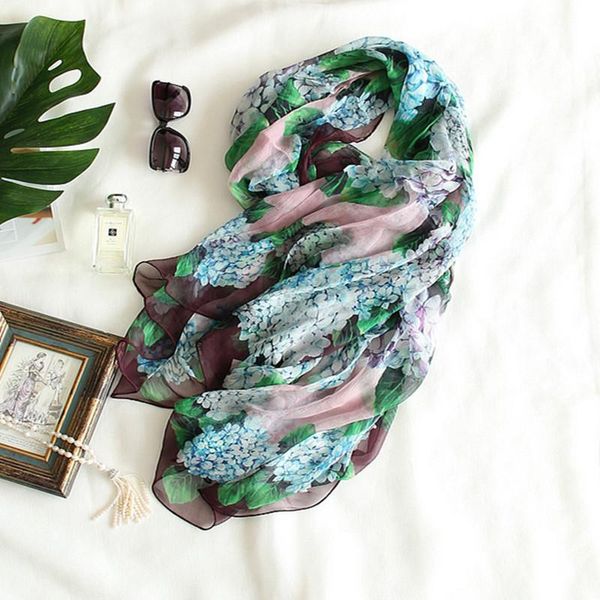 

scarves women exquisite classic hydrangea printed silk scarf shawl pashmina 115x175cm green mix color, Blue;gray
