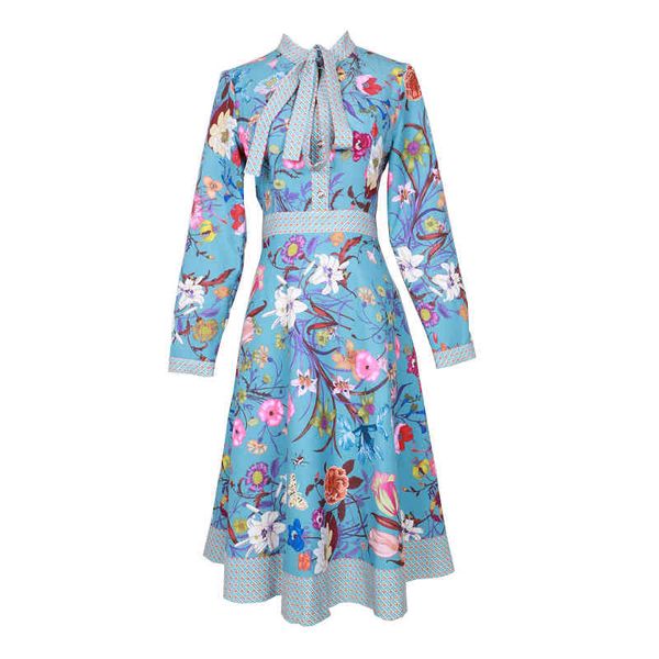 

women blue floral print bow collar zipper long sleeve elegant midi dress d2543 210514, Black;gray