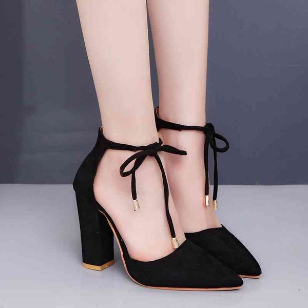 

dress shoes spring and summer new pointed fashion large size suede high heel lace-up women's sandals thick baotou single shoes tao, Black